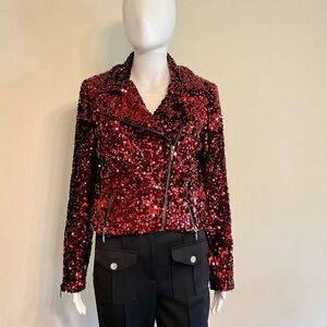 White House Black Market Sequin Zipper Moto Jacket~Size Small~Indulgent Red~NWT!